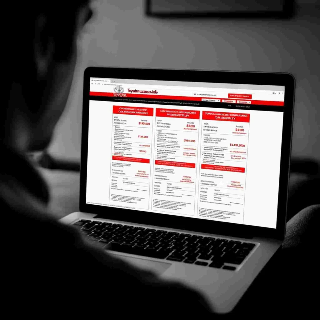 Person comparing Toyota car insurance plans online, laptop, toyotainsurance.info coverage options