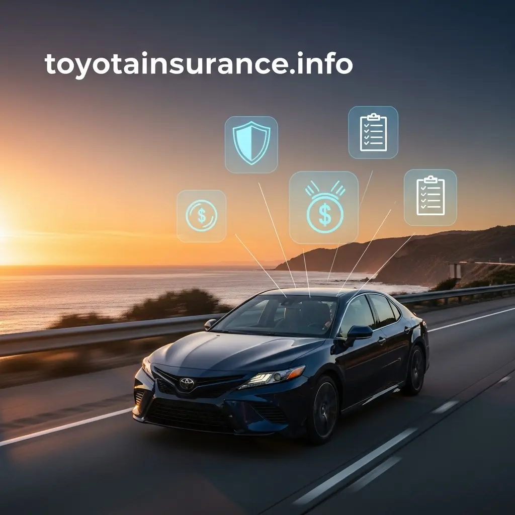 Toyota Camry driving with digital insurance icons – toyotainsurance.info