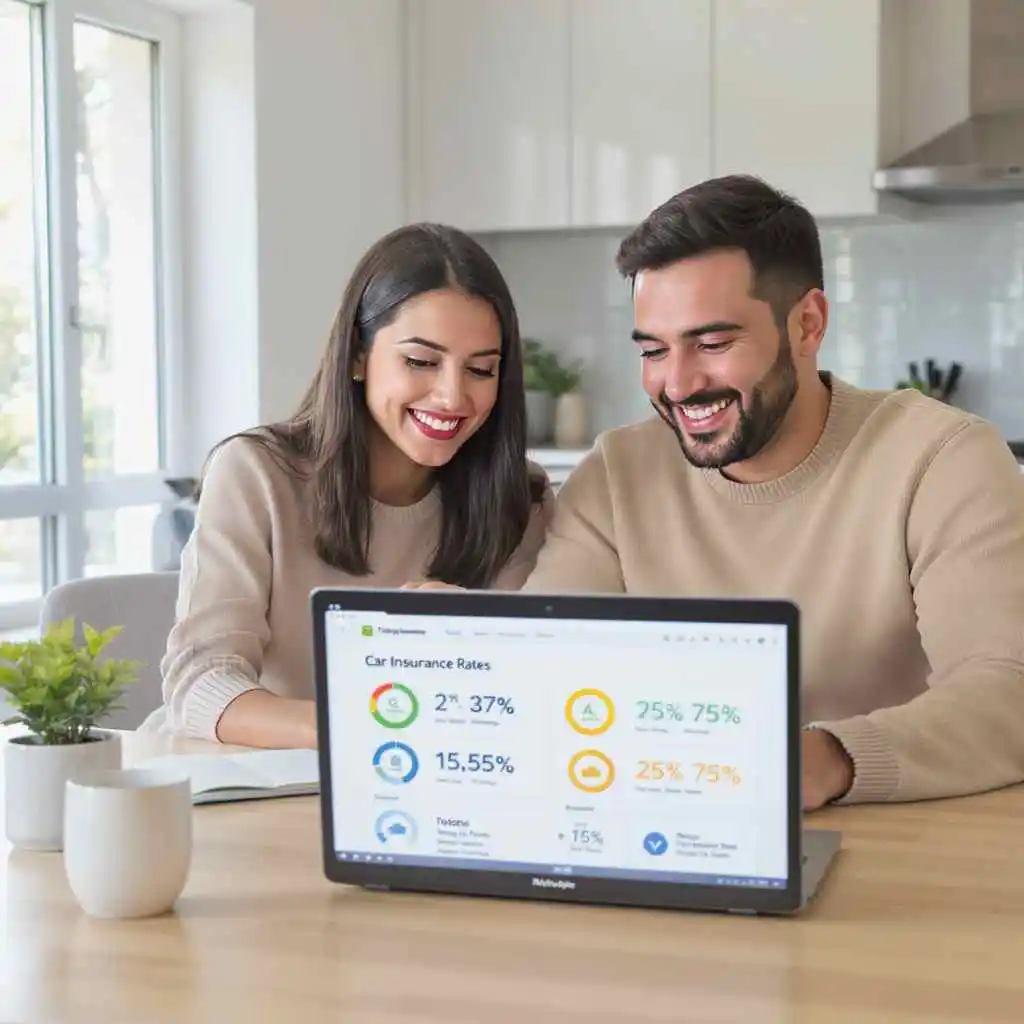 Couple comparing SaveMax Auto Insurance deals online for 2025—toyotainsurance.info