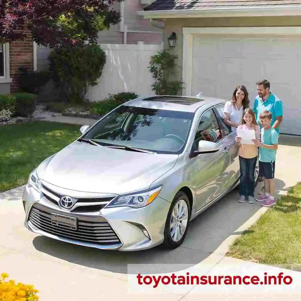 Family with Toyota Camry reviewing car insurance documents in driveway
