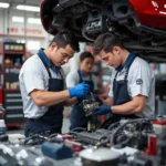 Toyota technicians installing genuine OEM parts during a repair