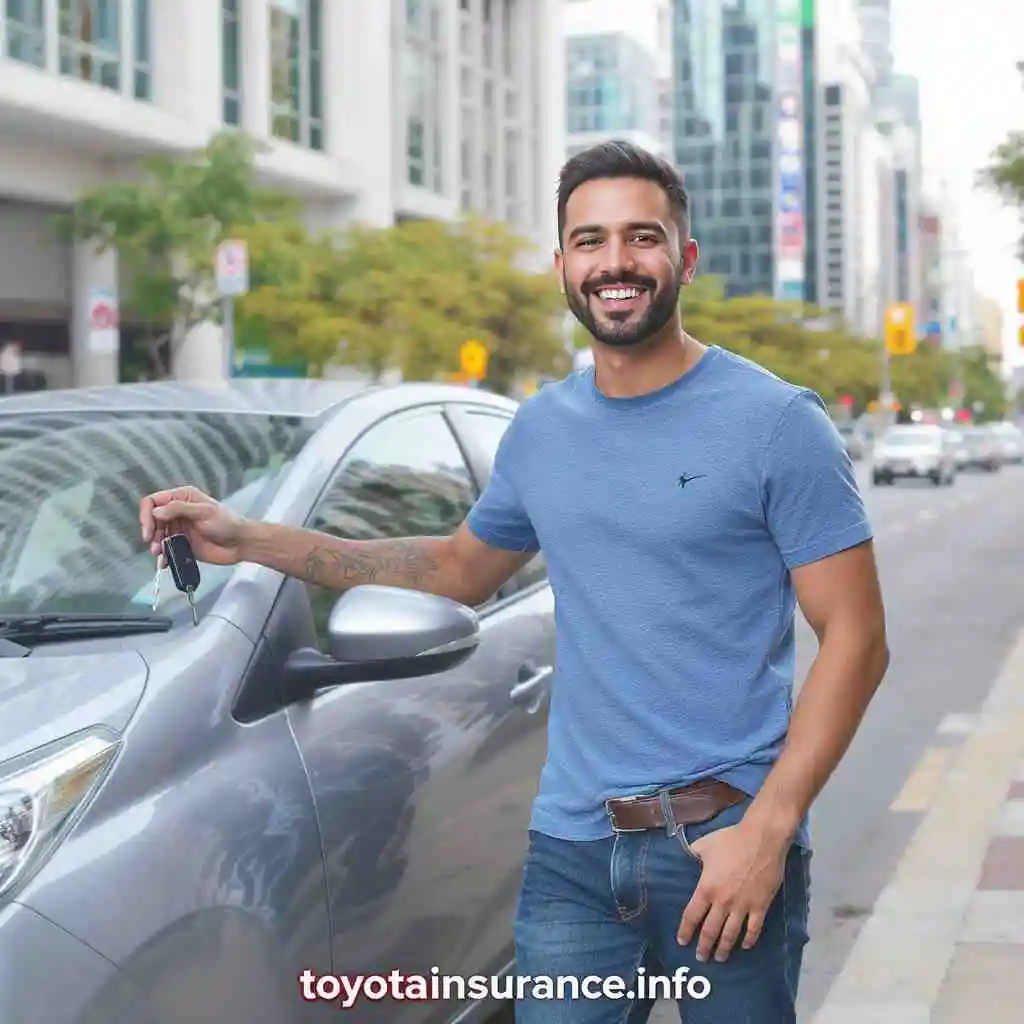 Young driver with affordable car celebrating low insurance costs
