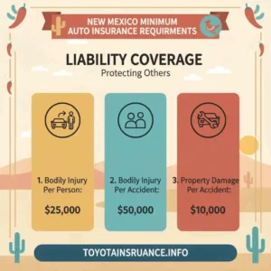 Infographic of New Mexico auto insurance requirements showing minimum liability coverage limits