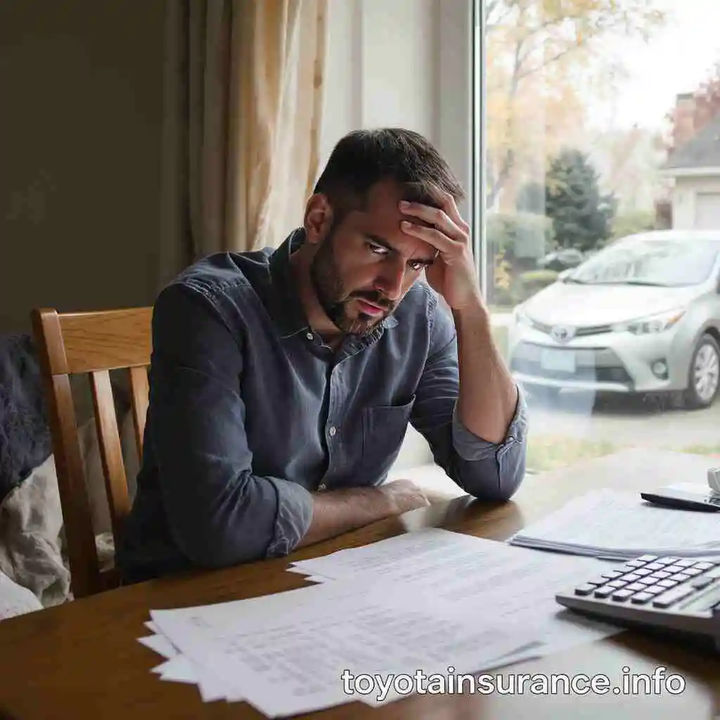 Concerned Toyota owner reviewing rising car insurance costs at home. toyotainsurance.info