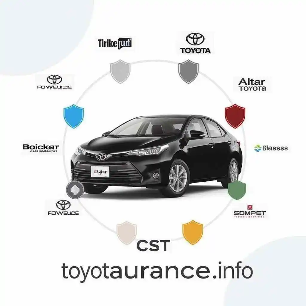 Infographic of top 10 car insurance companies in Pakistan with a Toyota car and protection shields