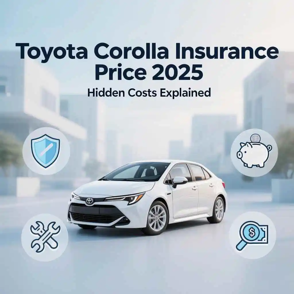 2025 Toyota Corolla with icons showing insurance fees, safety features, repair costs, and hidden charges, representing the Toyota Corolla insurance price in 2025.