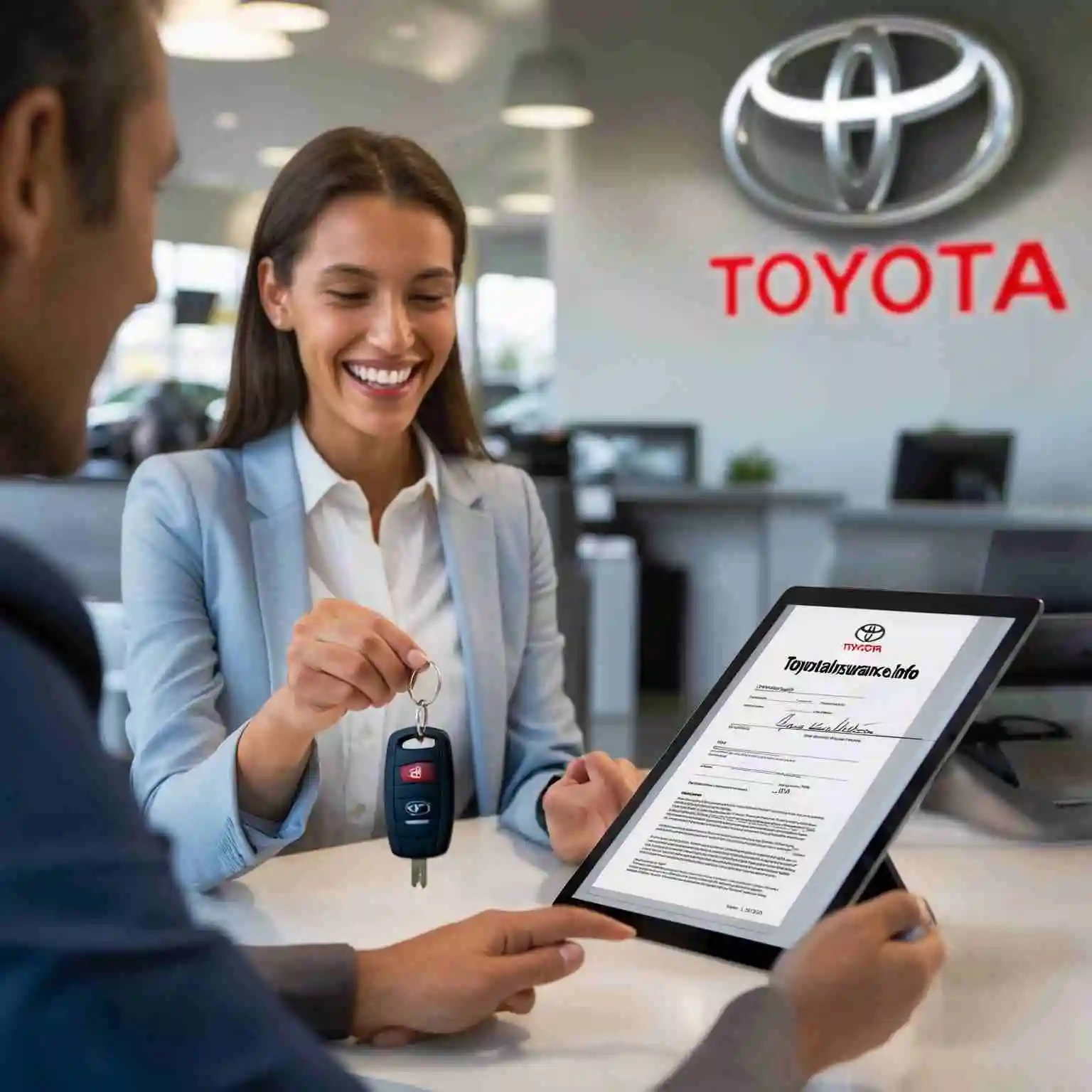 Customer buying Toyota insurance coverage with dealership support