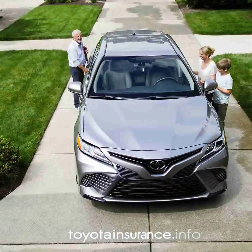 Toyota Camry insurance rates parked in a driveway with a happy family, representing safety and reliability – toyotainsurance.info