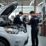 Toyota-certified mechanics repairing a vehicle