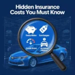 Graphic with magnifying glass highlighting hidden insurance costs for Toyota Corolla drivers, including deductibles, surcharges, credit score impacts, and accident history.