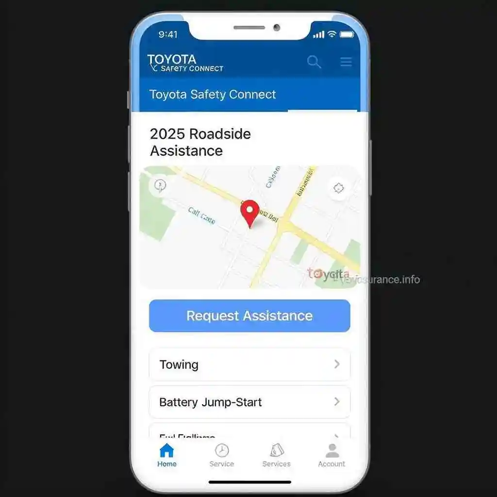 Toyota mobile app showing 2025 roadside assistance request screen – toyotainsurance.info