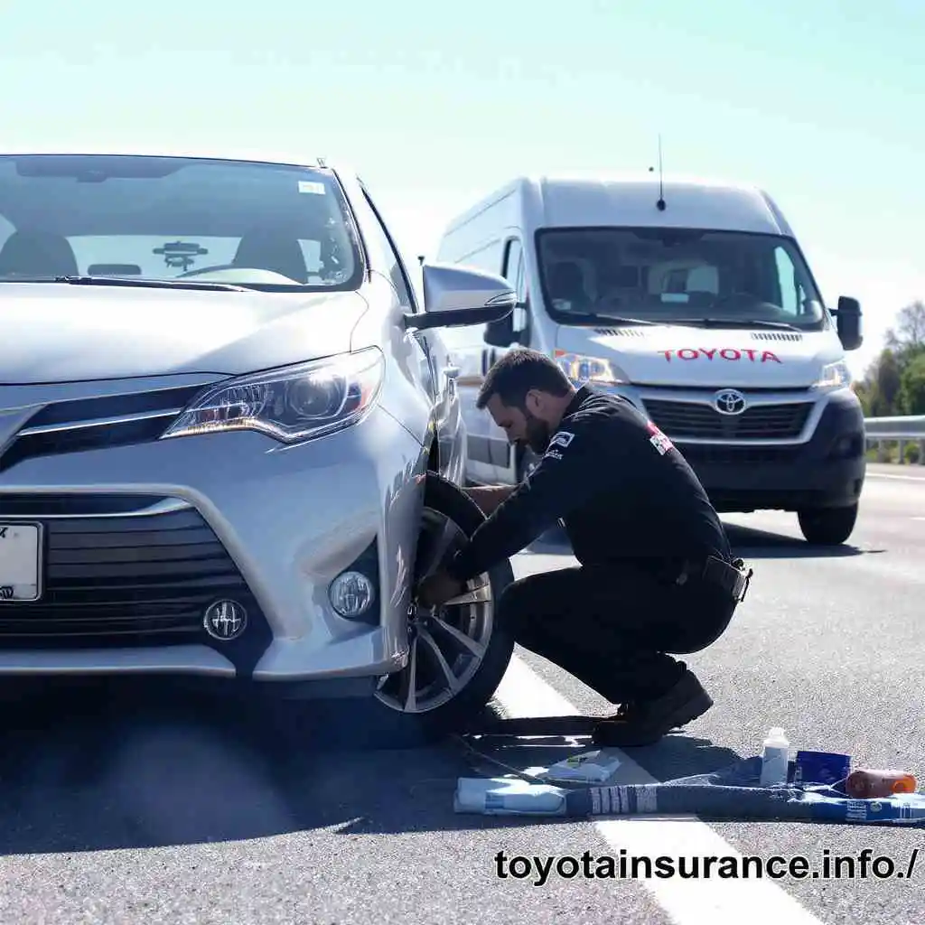 Toyota technician providing roadside assistance to a driver on the highway. toyotainsurance.info