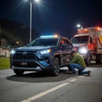Toyota RAV4 receiving roadside assistance service at night