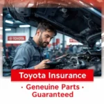 Certified Toyota technician repairing vehicle with genuine parts under Toyota insurance coverage