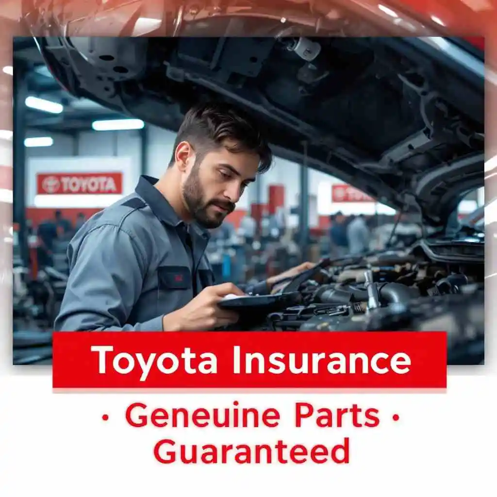 Certified Toyota technician repairing vehicle with genuine parts under Toyota insurance coverage