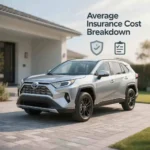Compact toyota RAV4 insurance car parked in a residential driveway, daylight setting, subtle insurance icons like shield and document, calm and neutral background