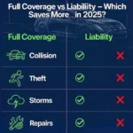 Comparison illustration showing full coverage vs. liability insurance for the 2025 Toyota Corolla, featuring icons for collision, theft, storms, and repair protection.