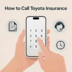Infographic of a person dialing Toyota insurance customer service on a smartphone, with visual icons representing policy documents, clock for calling hours, and support headset to show the calling process