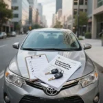 A modern Toyota sedan parked on a city road with visible insurance papers, car keys, and a checklist clipboard, representing car insurance for Toyota for everyday drivers.