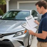 A car owner standing next to a Toyota vehicle while reviewing insurance documents and a car maintenance checklist, symbolizing responsible ownership and claim readiness.