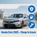 The 2025 Honda Civic is displayed in bright daylight with infographic elements showing cheap insurance, fuel efficiency, reliability, and low maintenance expenses.