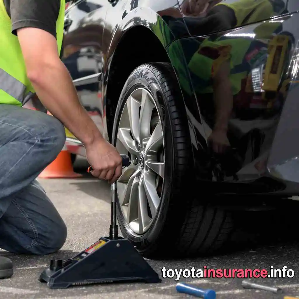 Toyota roadside assistance changing flat tire on side of the road. toyotainsurance.info