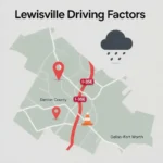 Lewisville Texas location map with Interstate 35E highway and weather factors affecting Toyota insurance premiums