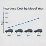 Timeline or bar chart infographic displaying multiple vehicle model years with increasing insurance cost trend