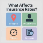 Educational illustration with icons for driver profile, location pin, mileage gauge, and insurance document