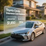 A Toyota Corolla parked near a residential area with digital overlays showing monthly and annual insurance cost estimates to explain typical pricing considerations.
