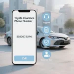 Infographic showing a Toyota car beside a smartphone with a customer service call screen, surrounded by icons for insurance policy, phone support, claims, and customer care, explaining how to contact Toyota insurance phone number