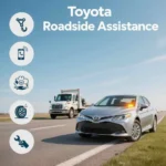 Infographic showing a Toyota vehicle stopped on the roadside with hazard lights on, a roadside assistance truck approaching, and phone and emergency icons explaining roadside help by phone