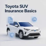 Infographic image of a Toyota RAV4 with icons showing insurance factors such as safety ratings, coverage types, and cost considerations for SUV insurance.