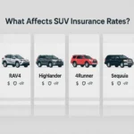 Comparison image showing multiple Toyota SUV models with icons representing common insurance factors such as repair costs, driving environment, and safety ratings.