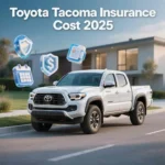 This image visually explains the concept of Toyota Tacoma insurance pricing by combining a real vehicle with insurance-related symbols, helping readers immediately understand the topic of insurance costs.