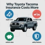 The image visually explains the main factors that affect Toyota Tacoma insurance pricing, such as repair costs and vehicle value, helping readers understand pricing logic.