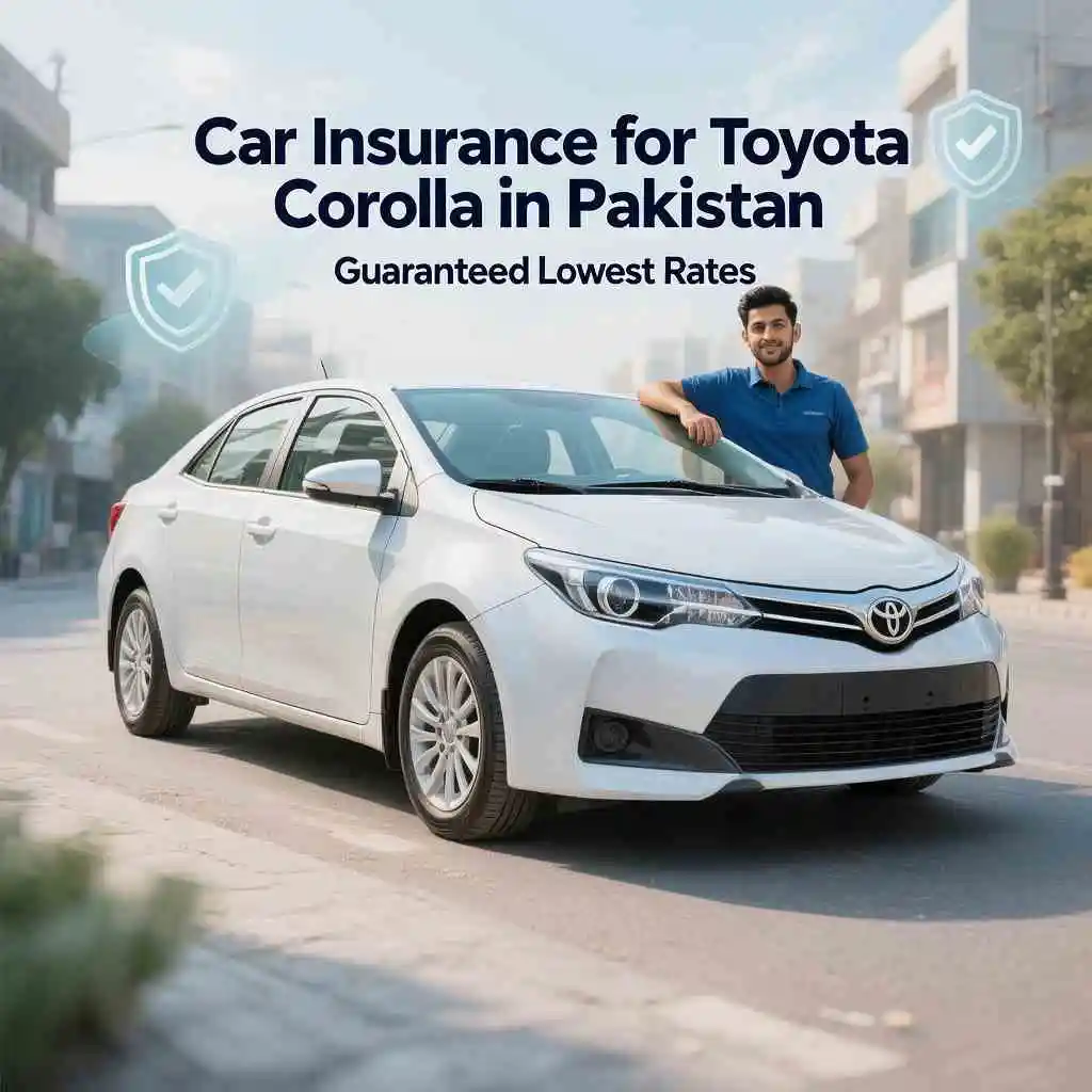Car insurance for Toyota Corolla parked on an urban road with insurance protection symbols in the background