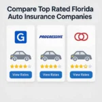 Comparison graphic illustrating different florida auto insurance providers with cars, ratings, and coverage icons