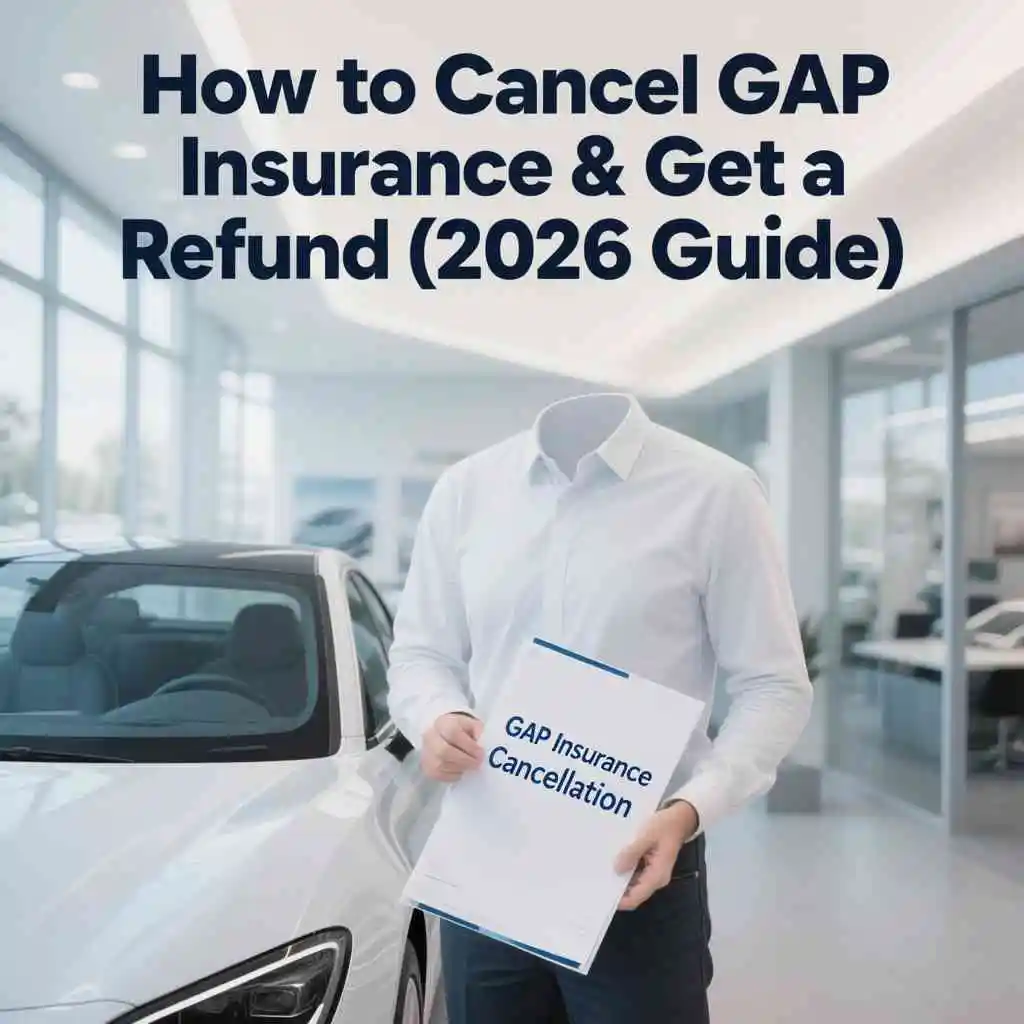 car owner holding gap insurance cancellation documents next to vehicle outside dealership