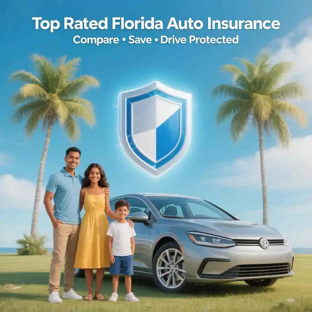 A family standing next to a car with an insurance shield symbol, representing reliable auto insurance coverage and financial protection