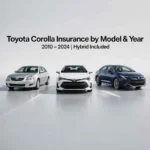 Different Toyota Corolla models showing insurance coverage by year and variant