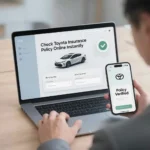 Person using a laptop and smartphone to check Toyota insurance policy details through an online insurance portal
